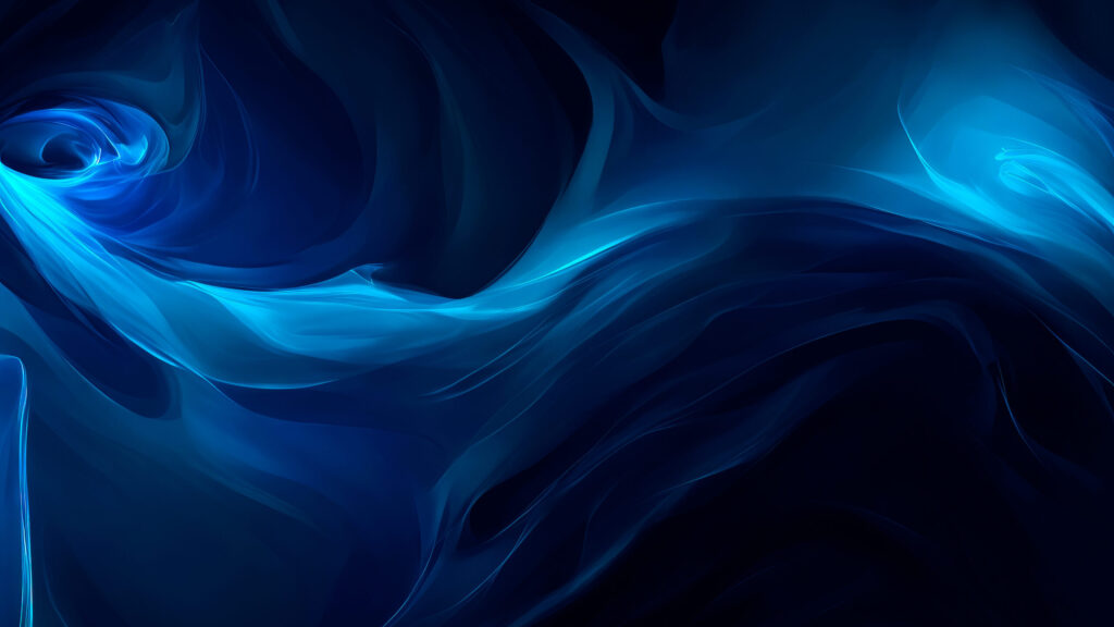 Abstraktia tietokoneella luotua taidetta, jossa sininen savumainen aalto leijailee sinisen eri sävyissä tummalla taustalla.