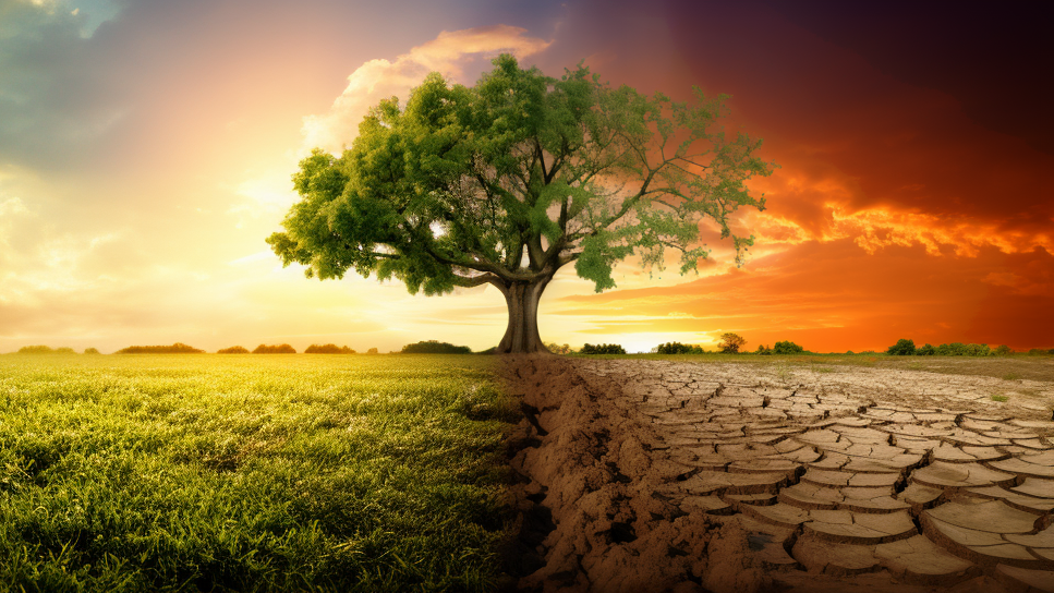 Kerronnallinen diptyykki ilmastonmuutoksen mahdollisista vaikutuksista. Kuvan keskellä kuvan kahteen osaan jakava puu. Vasemmalla puolella vehreää niittyä ja seesteistä taivasta, oikealla puolella kuivuutta ja synkkää taivasta.