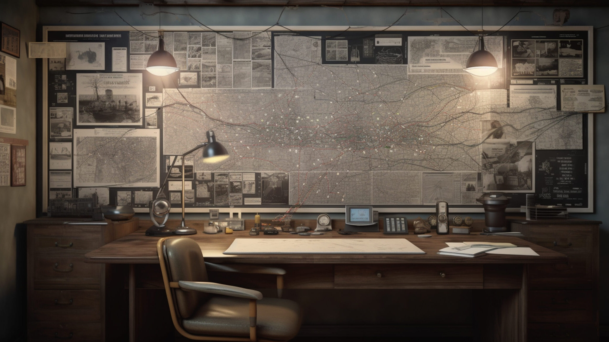Puinen työpöytä huoneessa ja sen takana seinällä karttoja.